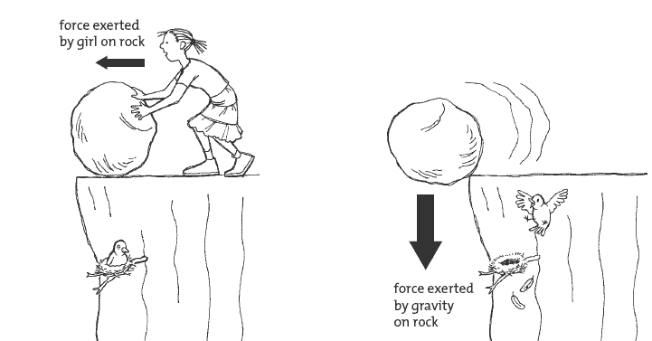 Jenny pushes a rock over a cliff